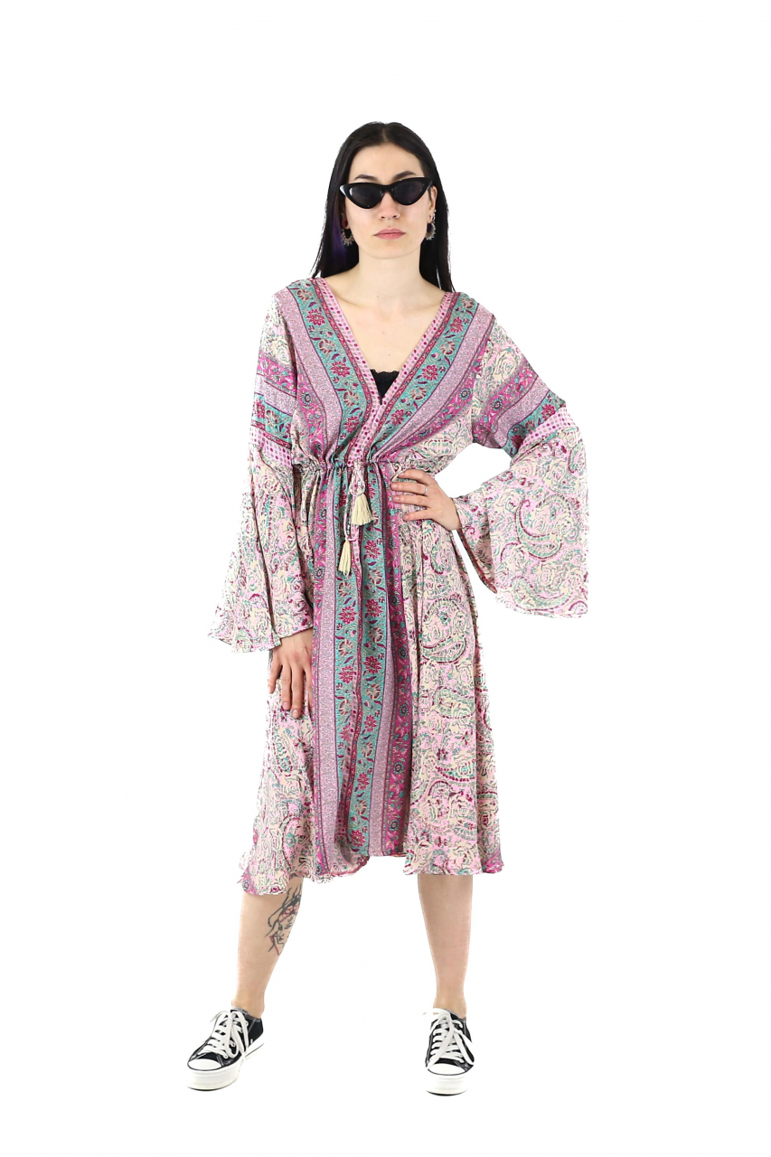 Rochie midi din material fluid cu snur in talie si maneci lungi - Model 11 [2]