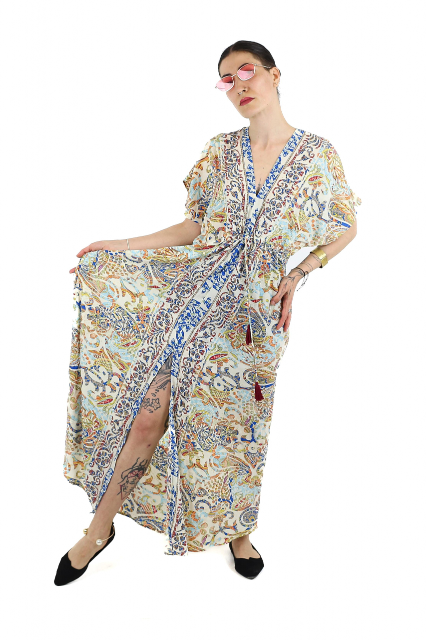 Rochie maxi boho cu maneca scurta si crapatura in fata - Model 1 [4]