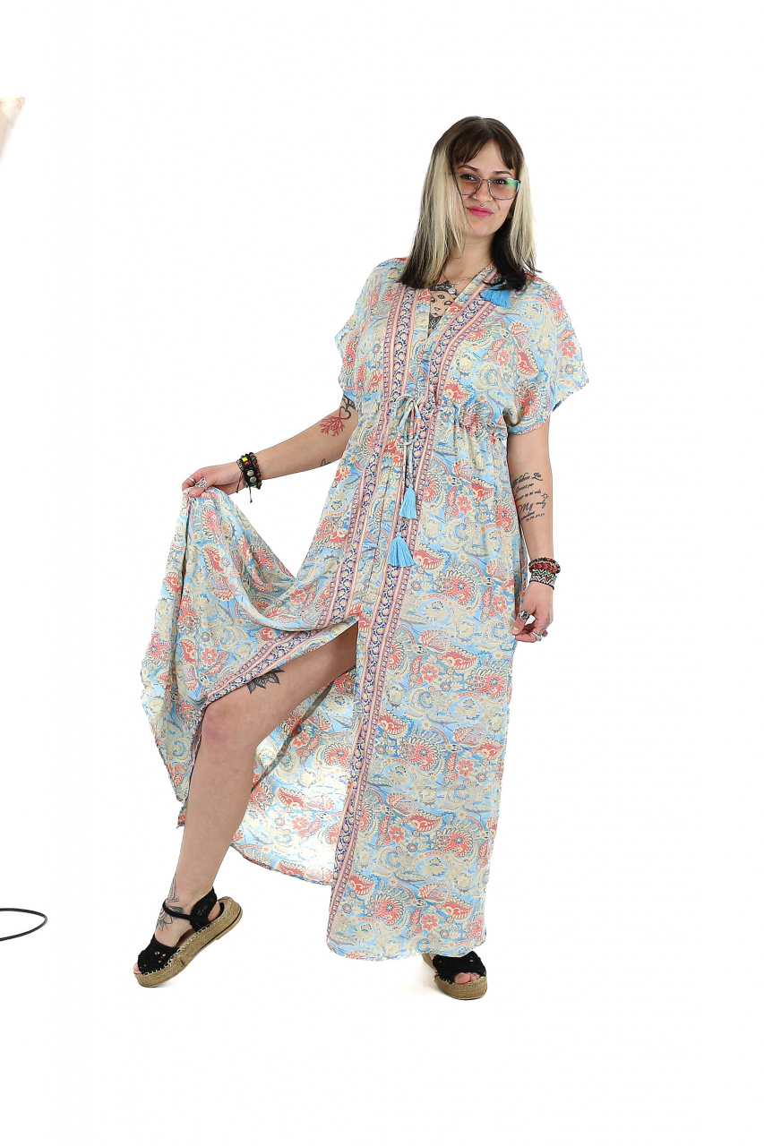 Rochie maxi boho cu maneca scurta si crapatura in fata - Model 1 [5]