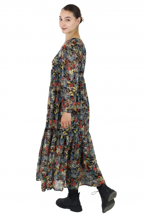 Rochie maxi cu mânecă lungă și imprimeu floral - Negru [2]