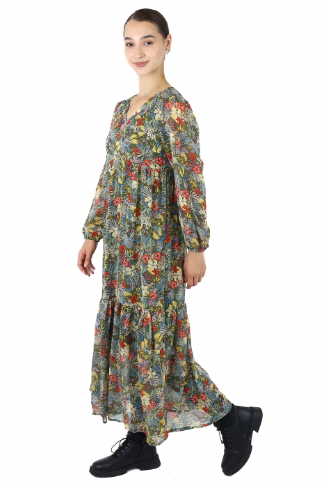 Rochie Boho cu mânecă lungă și imprimeu floral - Khaki [4]