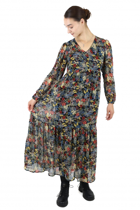 Rochie maxi cu mânecă lungă și imprimeu floral - Negru [4]