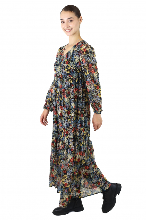 Rochie maxi cu mânecă lungă și imprimeu floral - Negru [5]