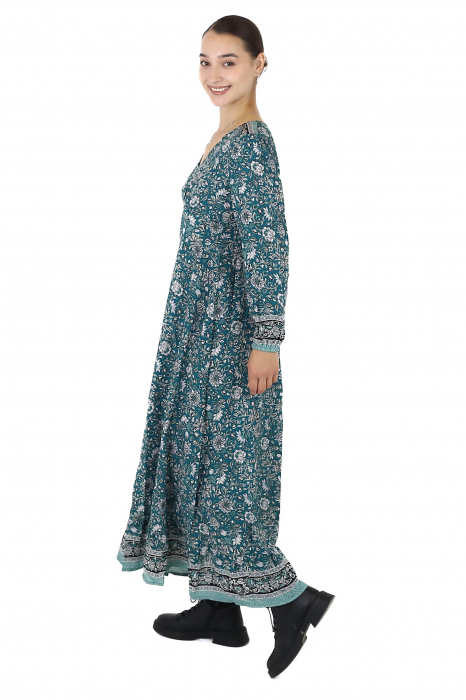 Rochie maxi cu pliuri și mânecă lungă - Verde [2]