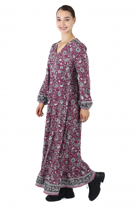 Rochie maxi cu pliuri și mânecă lungă - Wine [2]