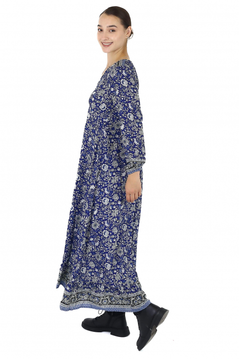 Rochie maxi cu pliuri si maneca lunga - Albastru [3]