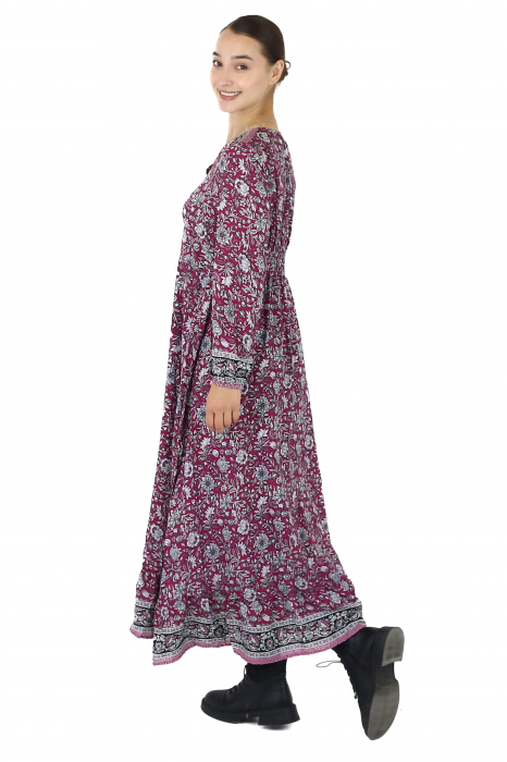 Rochie maxi cu pliuri și mânecă lungă - Wine [4]