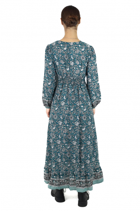 Rochie maxi cu pliuri și mânecă lungă - Verde [3]