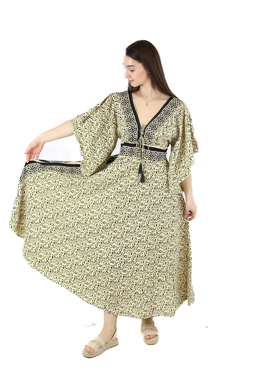Rochie maxi din bumbac cu snur si maneci vaporoase - Verde [3]