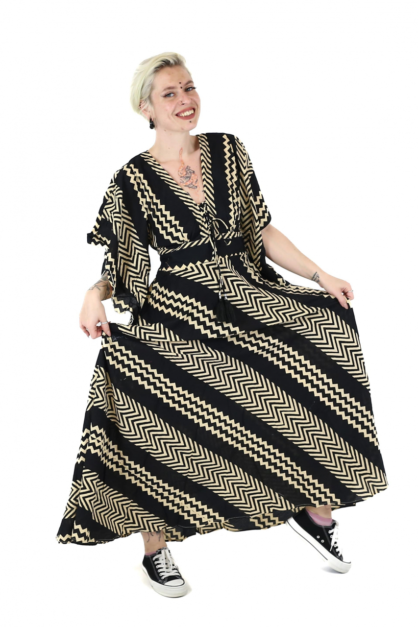 Rochie maxi din bumbac cu snur si maneci vaporoase - Verde [3]