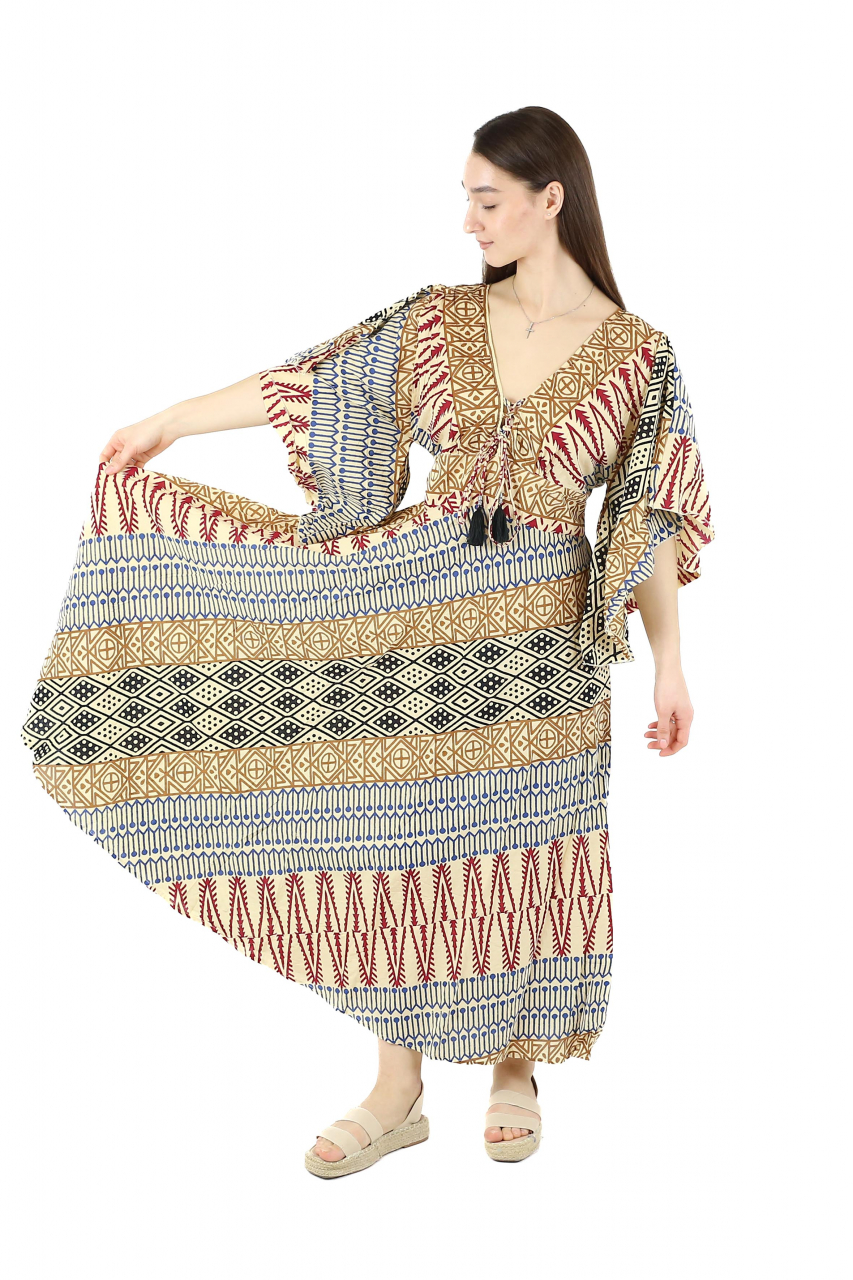 Rochie maxi din bumbac cu snur si maneci vaporoase - Verde [5]