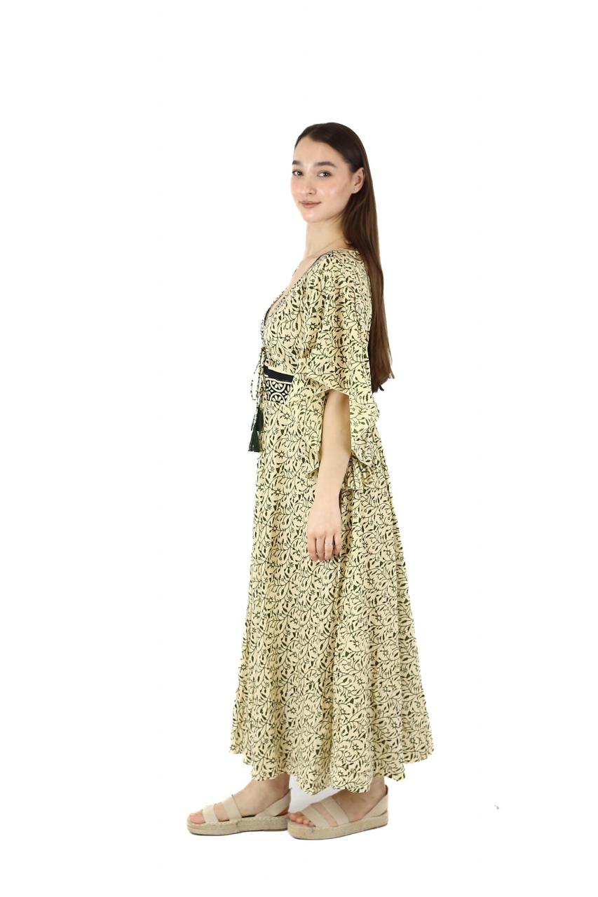 Rochie maxi din bumbac cu snur si maneci vaporoase - Verde [2]