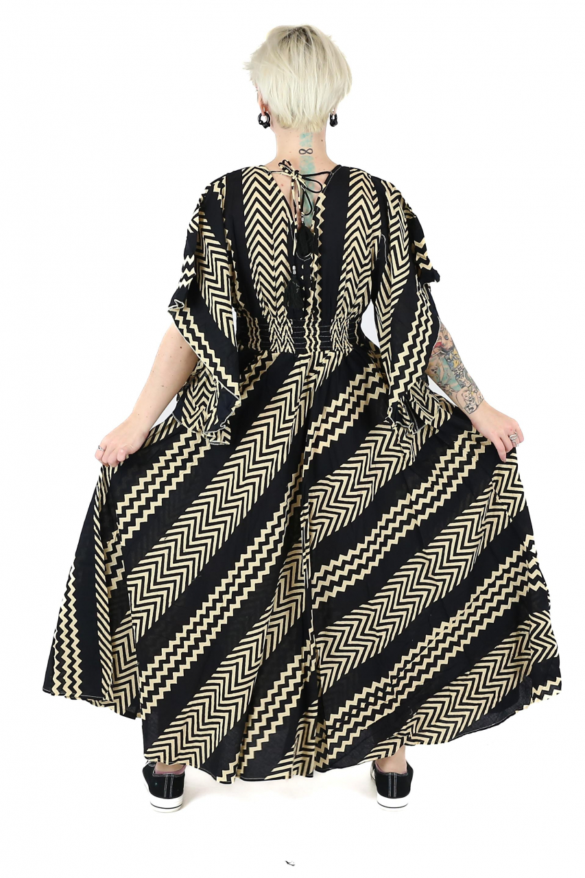 Rochie maxi din bumbac cu snur si maneci vaporoase - Verde [4]