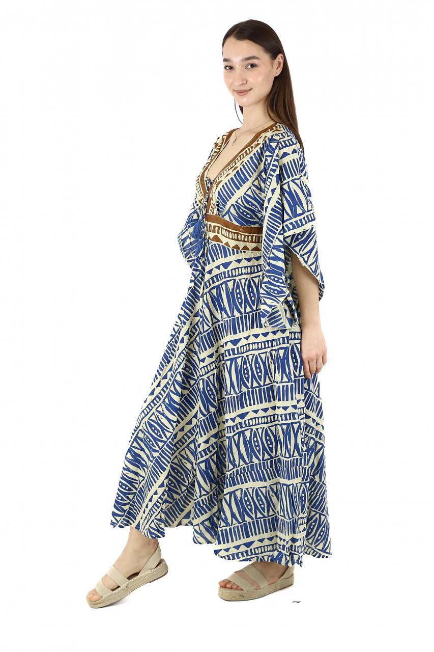Rochie maxi din bumbac cu snur si maneci vaporoase - Verde [3]
