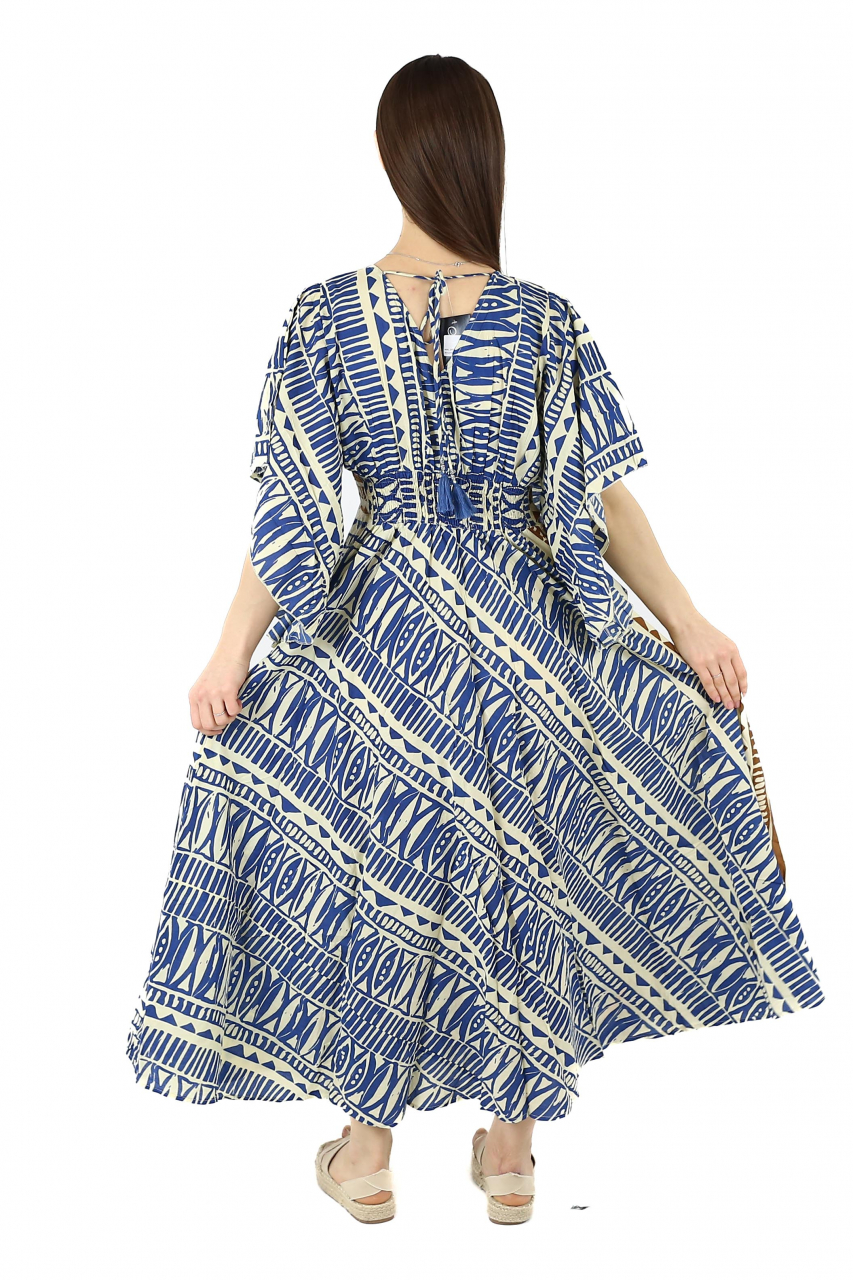 Rochie maxi din bumbac cu snur si maneci vaporoase - Verde [4]