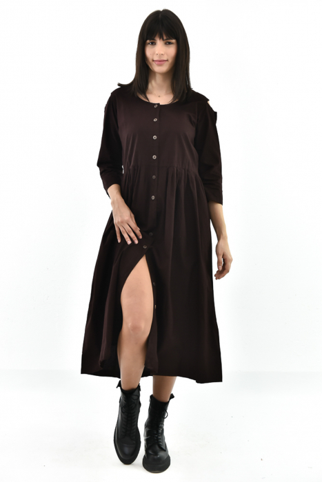 Rochie medie din bumbac cu cordon - Maro [7]