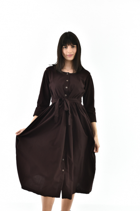 Rochie medie din bumbac cu cordon - Maro [4]