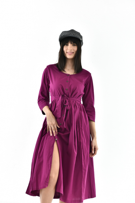 Rochie medie din bumbac cu cordon - Maro [8]