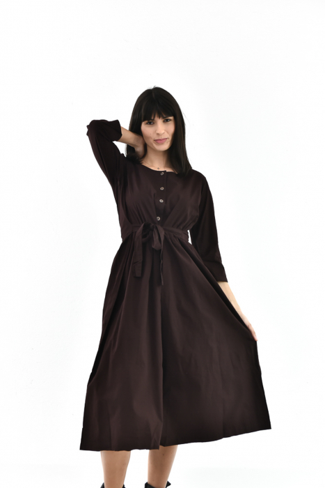 Rochie medie din bumbac cu cordon - Maro [3]