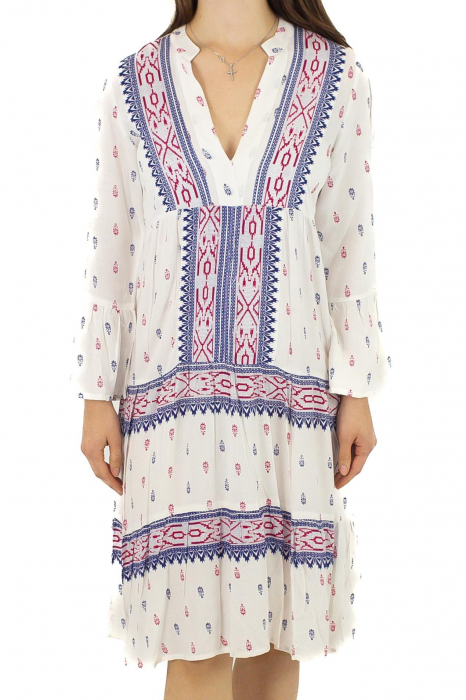 Rochie midi cu motive tradiționale - Alb [2]