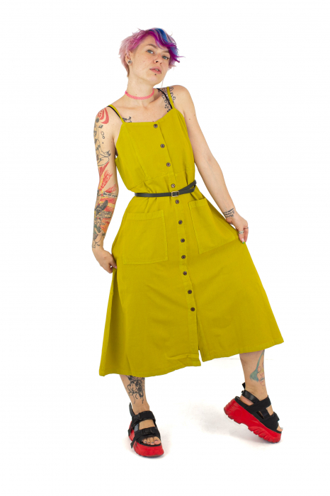 Rochie midi cu nasturi si bretele - Alb [3]