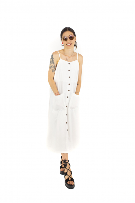 Rochie midi cu nasturi si bretele - Alb [2]