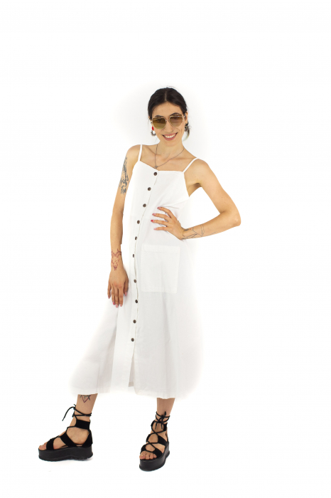 Rochie midi cu nasturi si bretele - Alb [3]