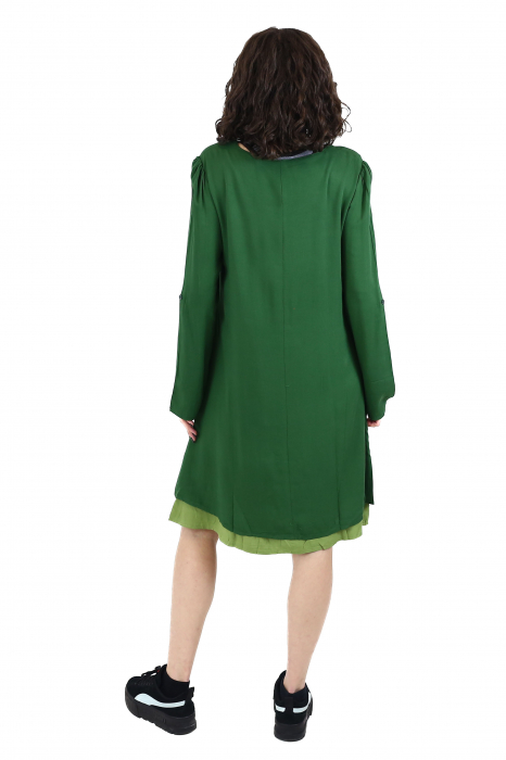 Rochie midi din bumbac cu broderie si 2 buzunare - Verde [4]