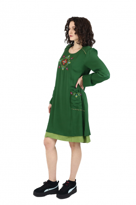 Rochie midi din bumbac cu broderie si 2 buzunare - Verde [9]