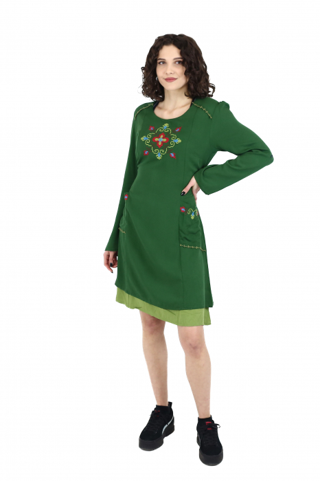 Rochie midi din bumbac cu broderie si 2 buzunare - Verde [7]