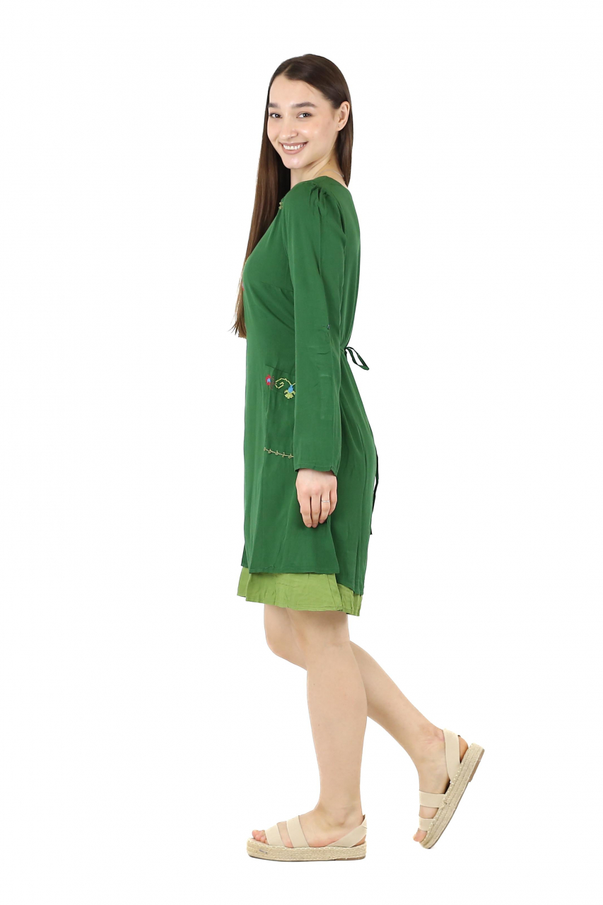Rochie midi din bumbac cu broderie si 2 buzunare - Verde [10]