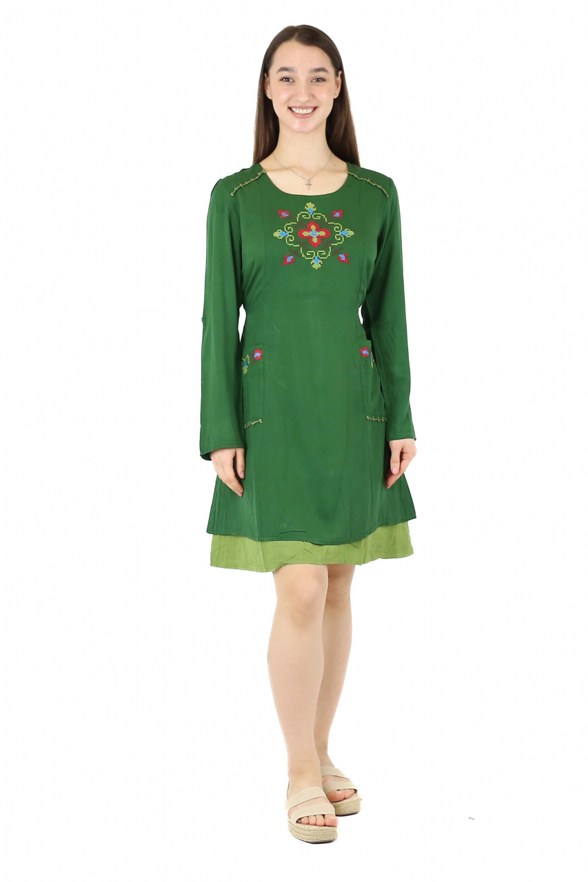 Rochie midi din bumbac cu broderie si 2 buzunare - Verde [3]