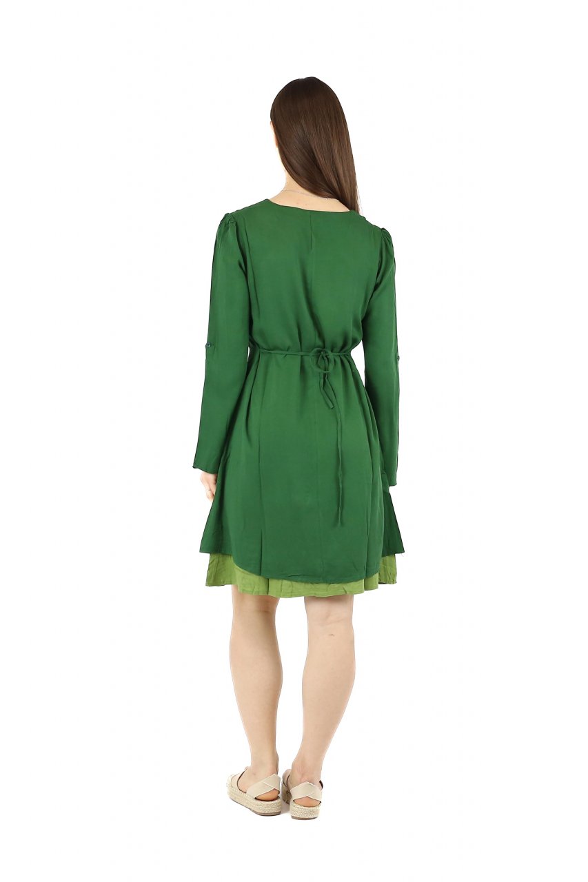 Rochie midi din bumbac cu broderie si 2 buzunare - Verde [8]