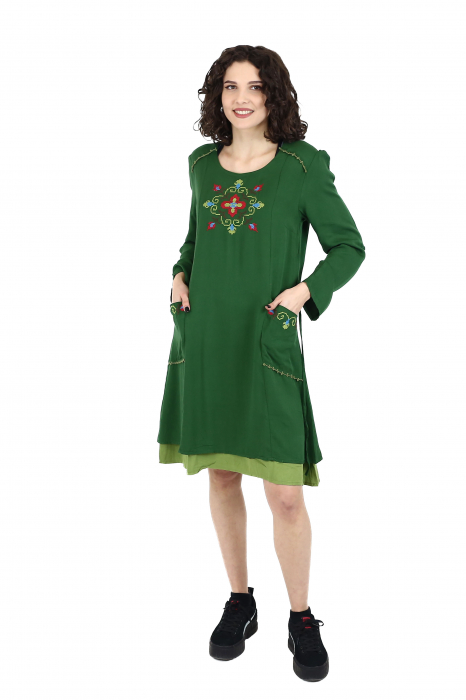 Rochie midi din bumbac cu broderie si 2 buzunare - Verde [5]
