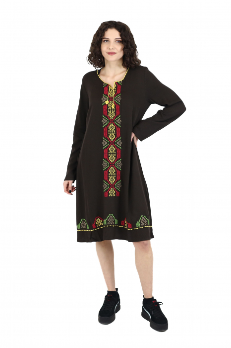 Rochie midi din bumbac cu broderie si jupon - Maro [2]
