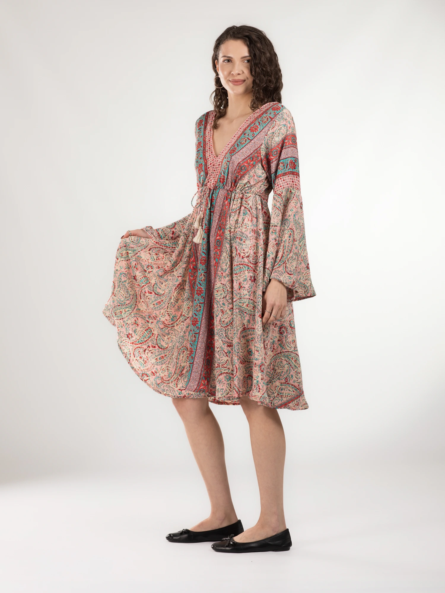 Rochie midi din material fluid cu șnur în talie și mânecă lungă - Model 11 [2]