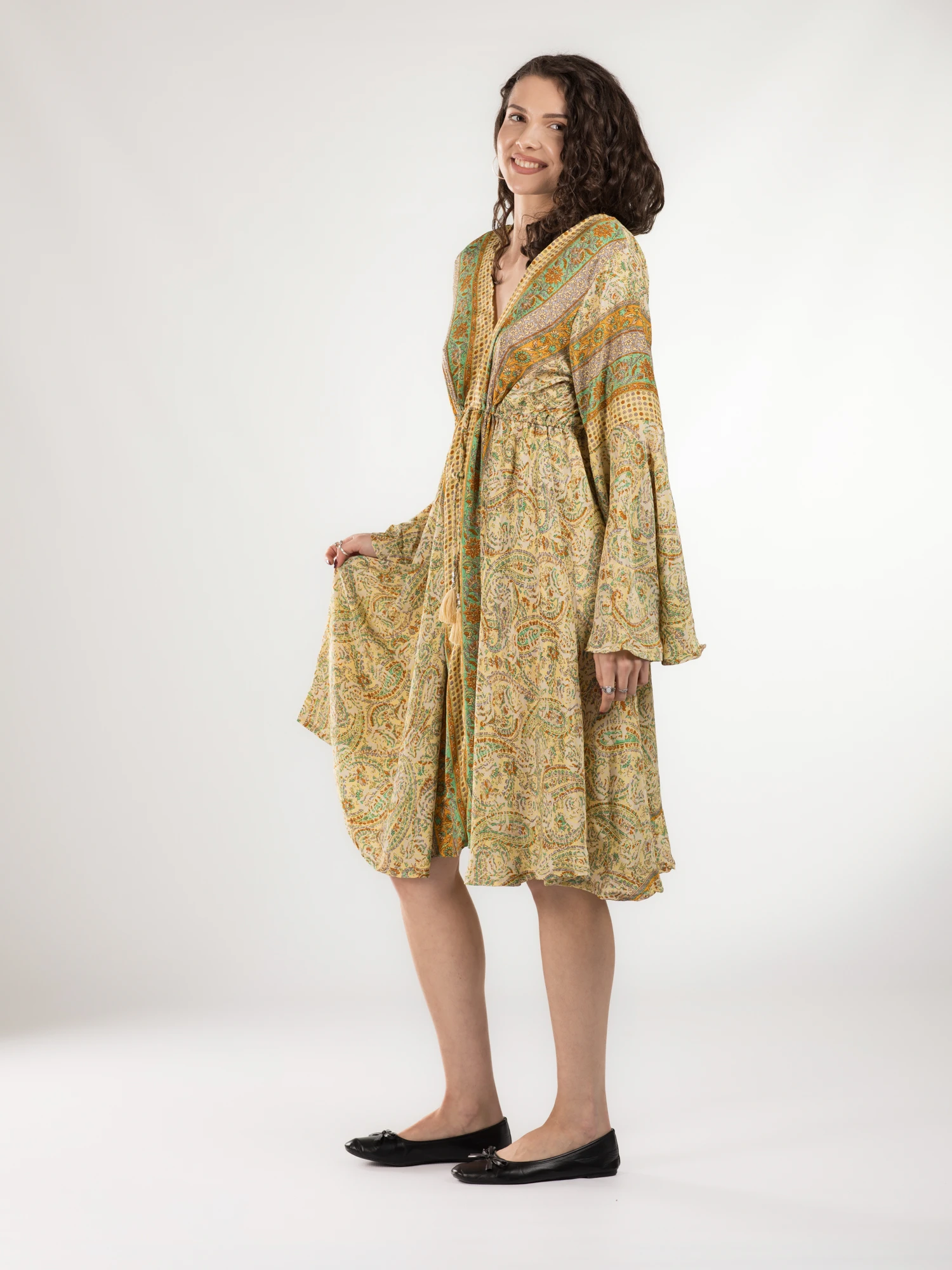 Rochie midi din material fluid cu șnur în talie și mânecă lungă - Model 14 [2]