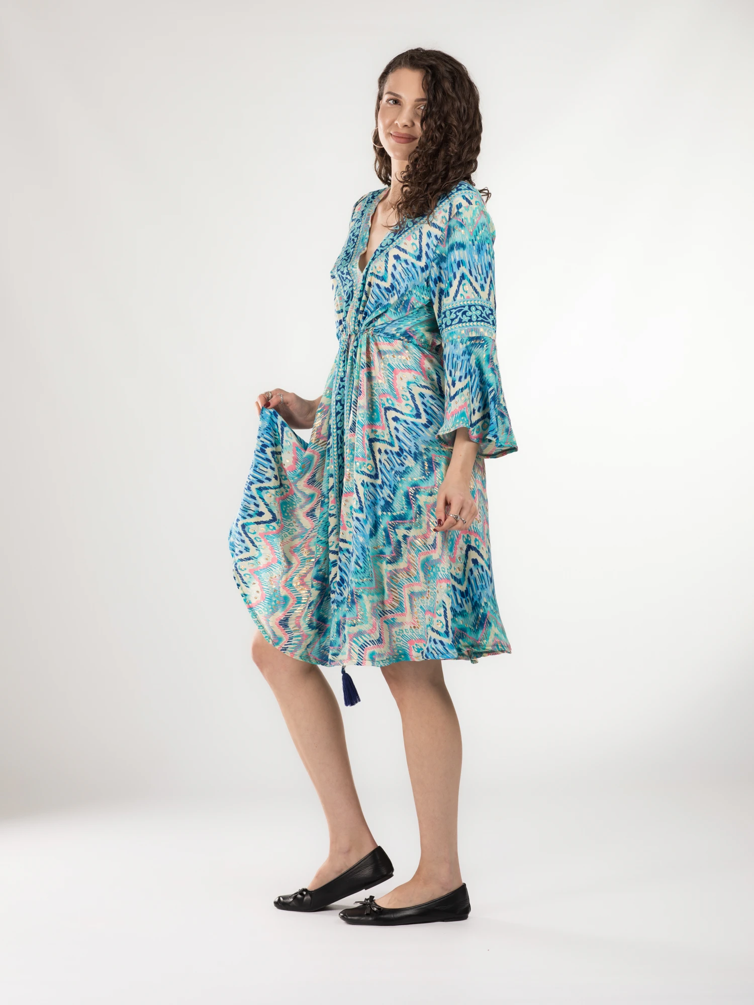 Rochie midi din material fluid cu șnur în talie și mânecă lungă - Model 15 [2]