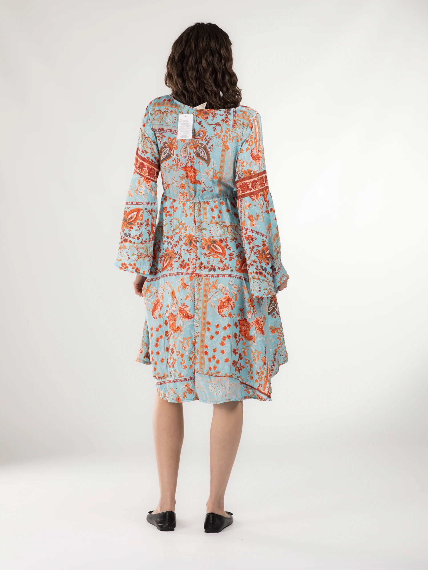 Rochie midi din material fluid cu șnur în talie și mânecă lungă - Model 16 [3]