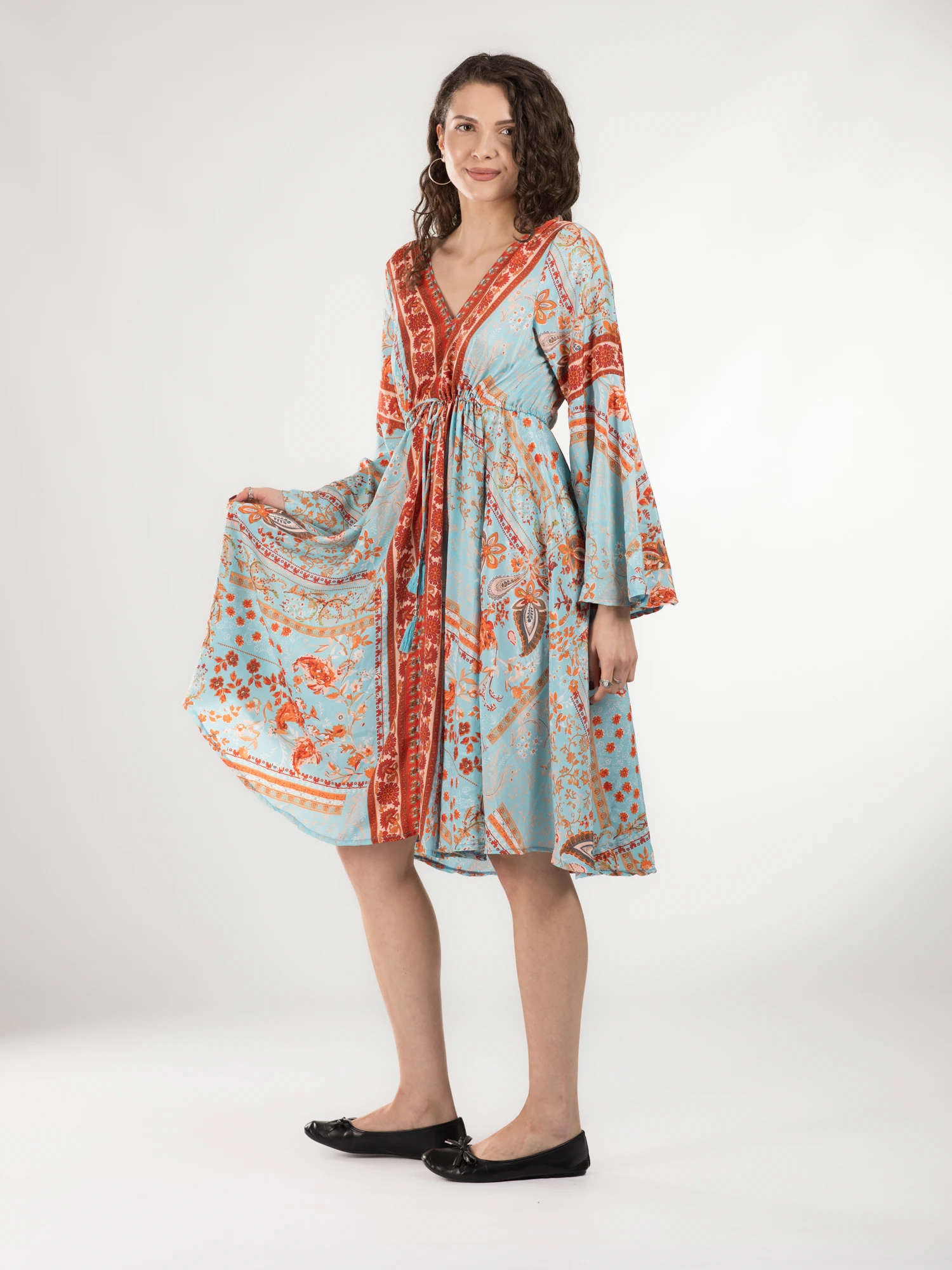 Rochie midi din material fluid cu șnur în talie și mânecă lungă - Model 16 [2]