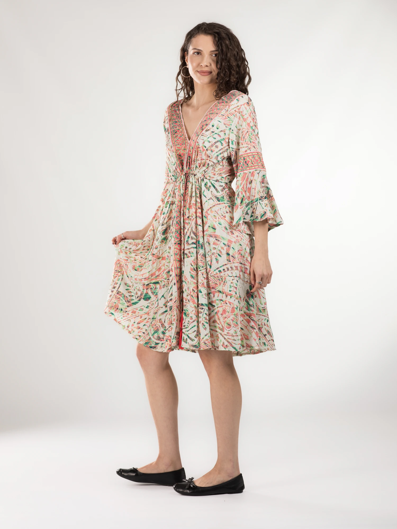 Rochie midi din material fluid cu șnur în talie și mânecă lungă - Model 17 [2]