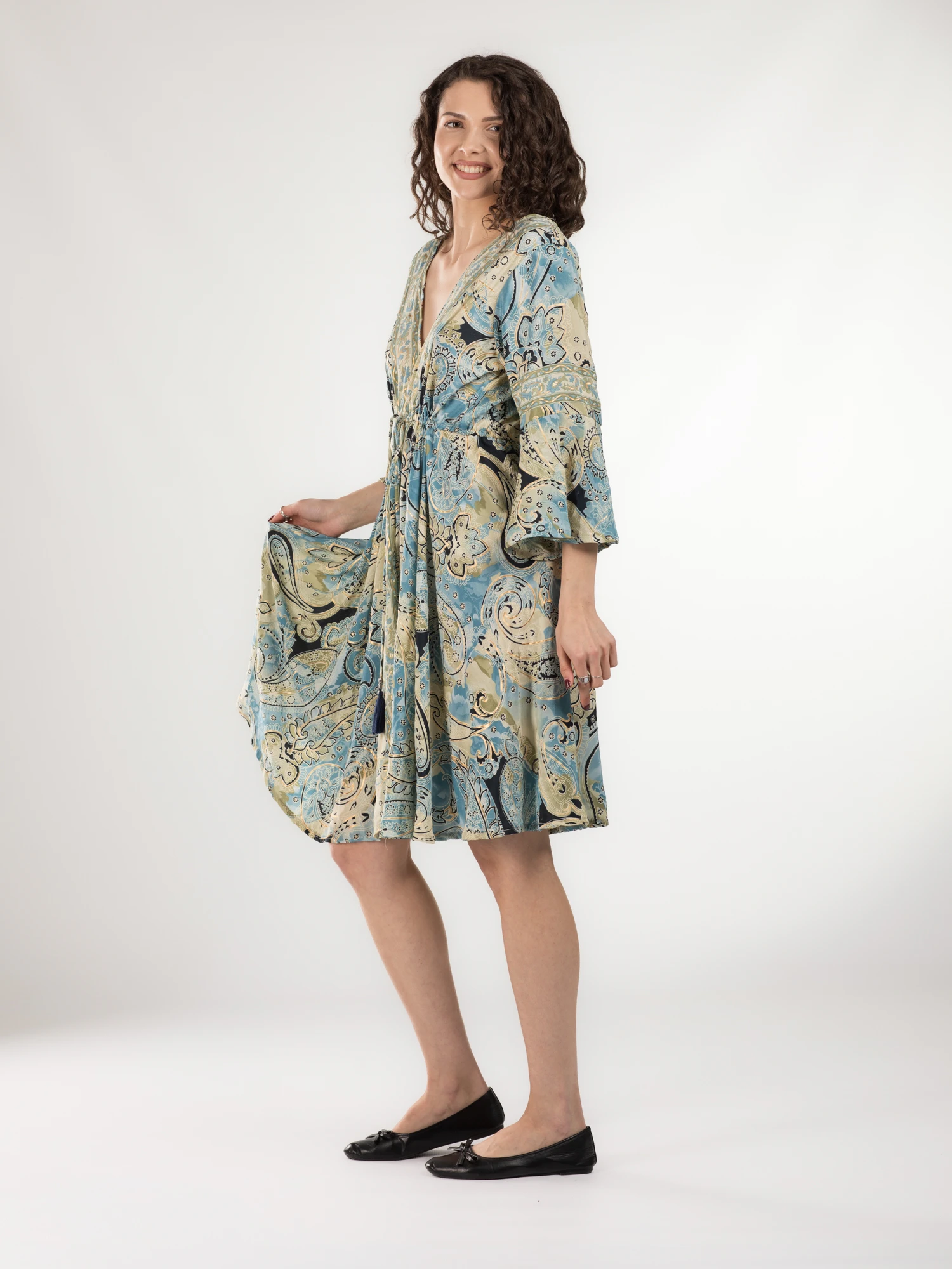 Rochie midi din material fluid cu șnur în talie și mânecă lungă - Model 18 [2]