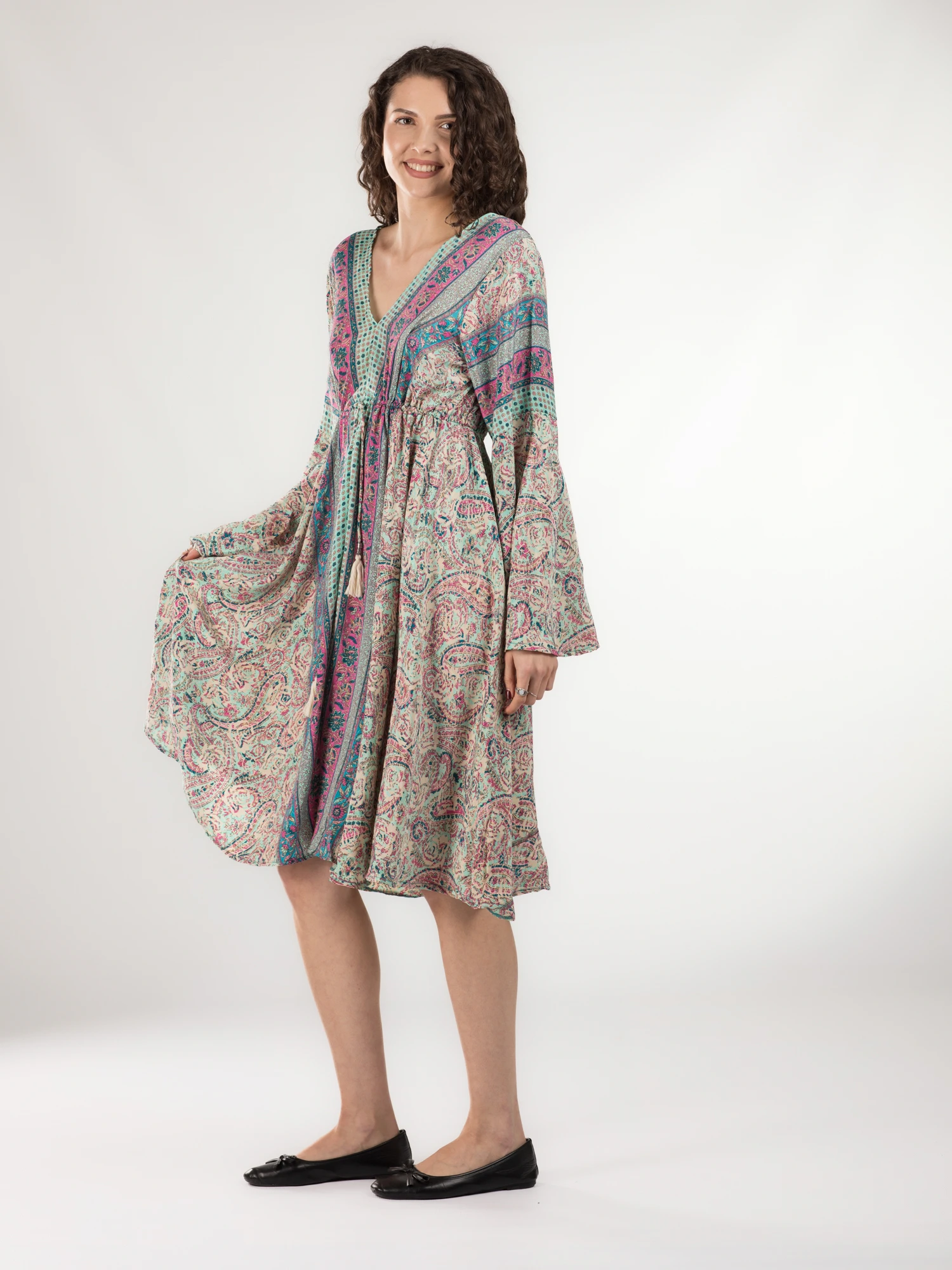 Rochie midi din material fluid cu șnur în talie și mânecă lungă - Model 19 [2]