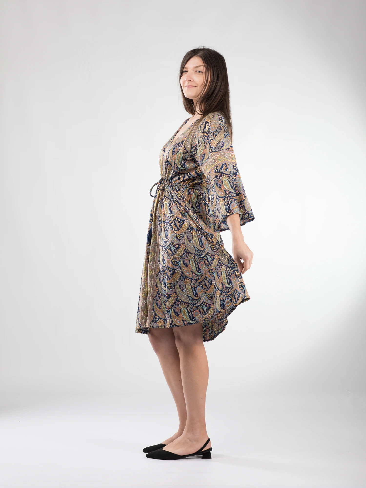 Rochie midi din material fluid cu șnur în talie și mânecă lungă - Model 20 [2]