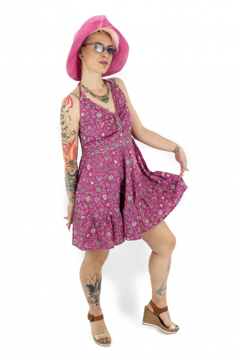 Rochie scurta cu imprimeu floral si snur - Fucsia - M-19 [3]
