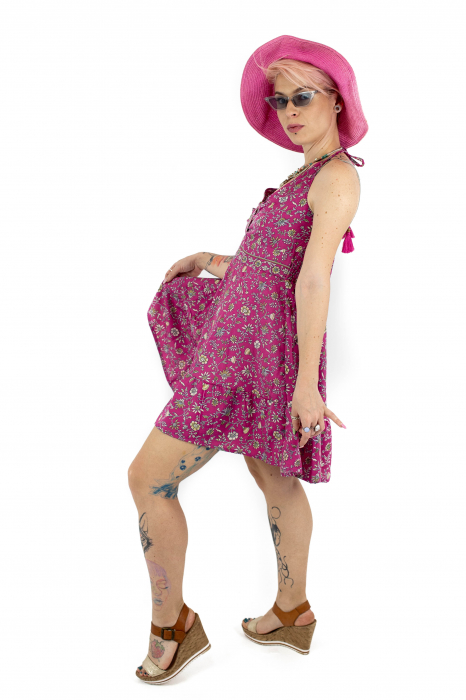 Rochie scurta cu imprimeu floral si snur - Fucsia - M-19 [5]