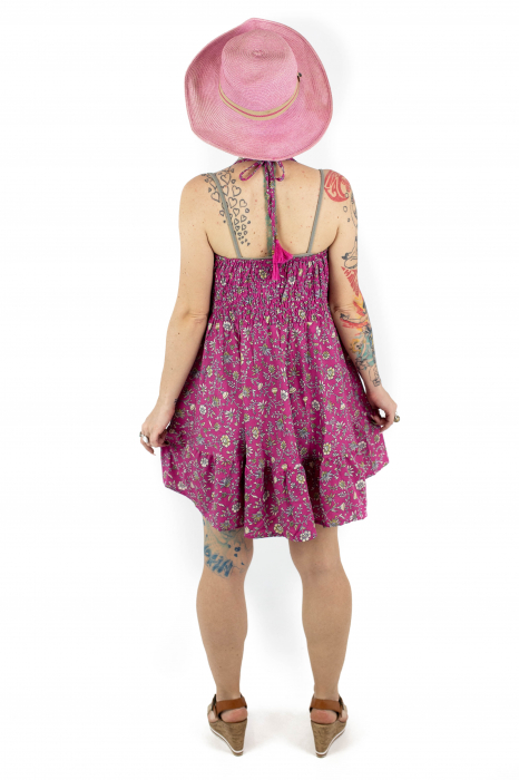 Rochie scurta cu imprimeu floral si snur - Fucsia - M-19 [4]