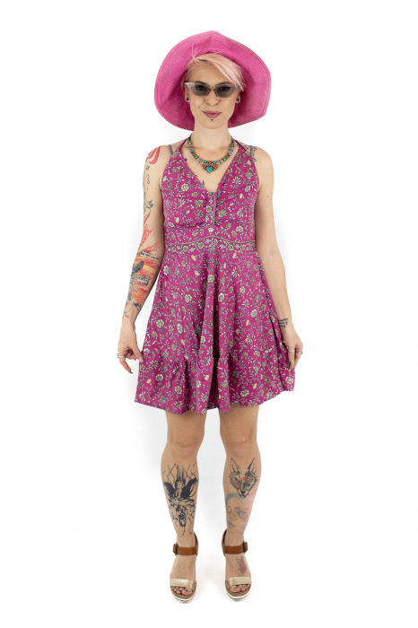 Rochie scurta cu imprimeu floral si snur - Fucsia - M-19 [2]