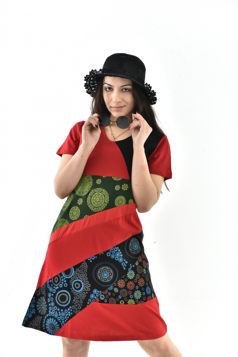 Rochie scurta din bumbac cu print divers - Rosu cu Negru [3]