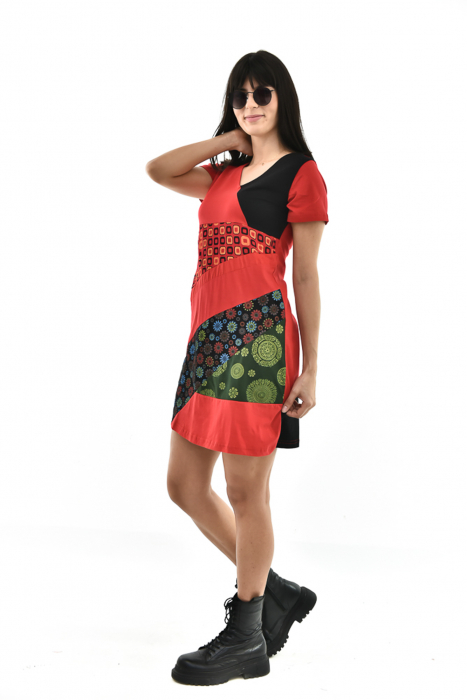 Rochie scurta din bumbac cu print divers - Rosu cu Negru [12]